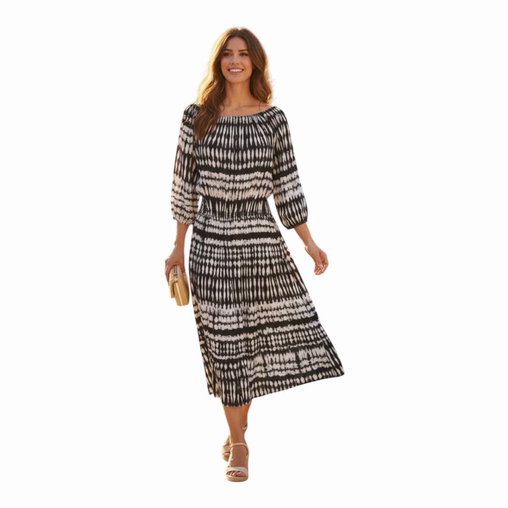 LoveStitch NWT Boho Smocked Midi Dress Black Taupe Print Women’s Small